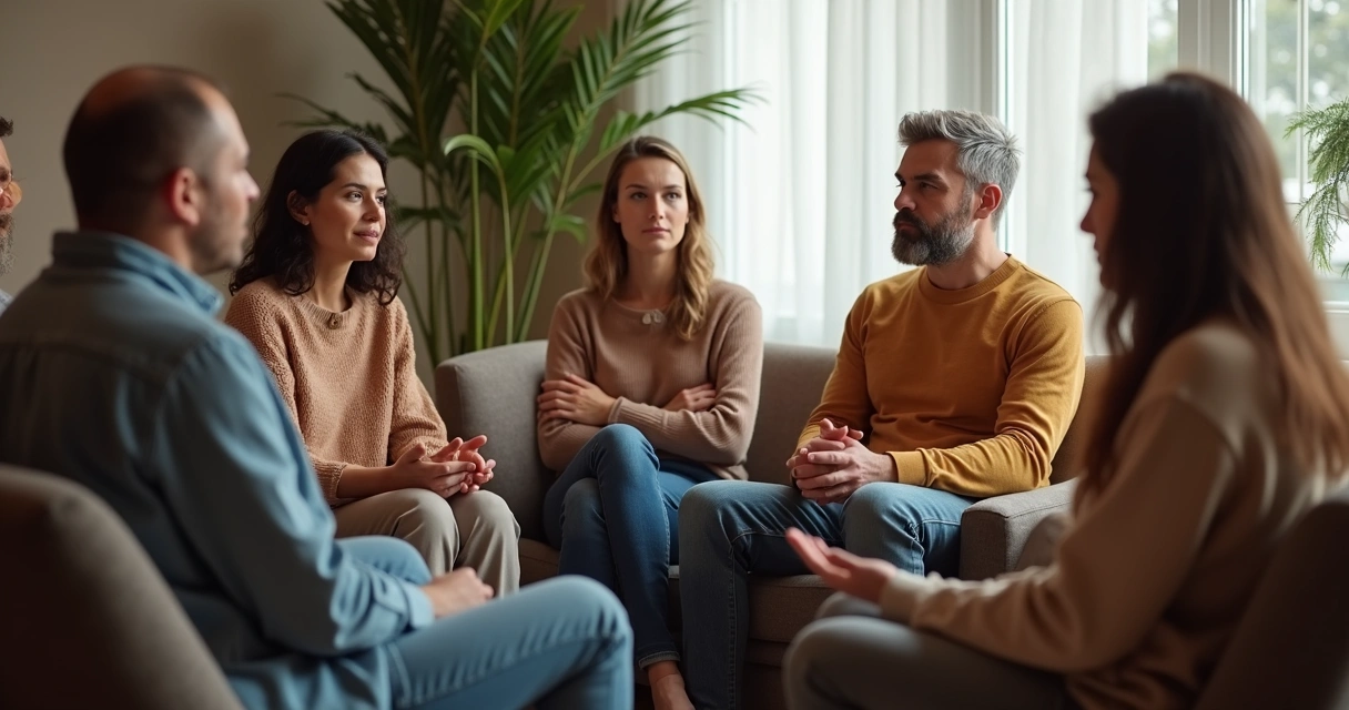 Grupo de personas en círculo practicando escucha en ambiente relajado 