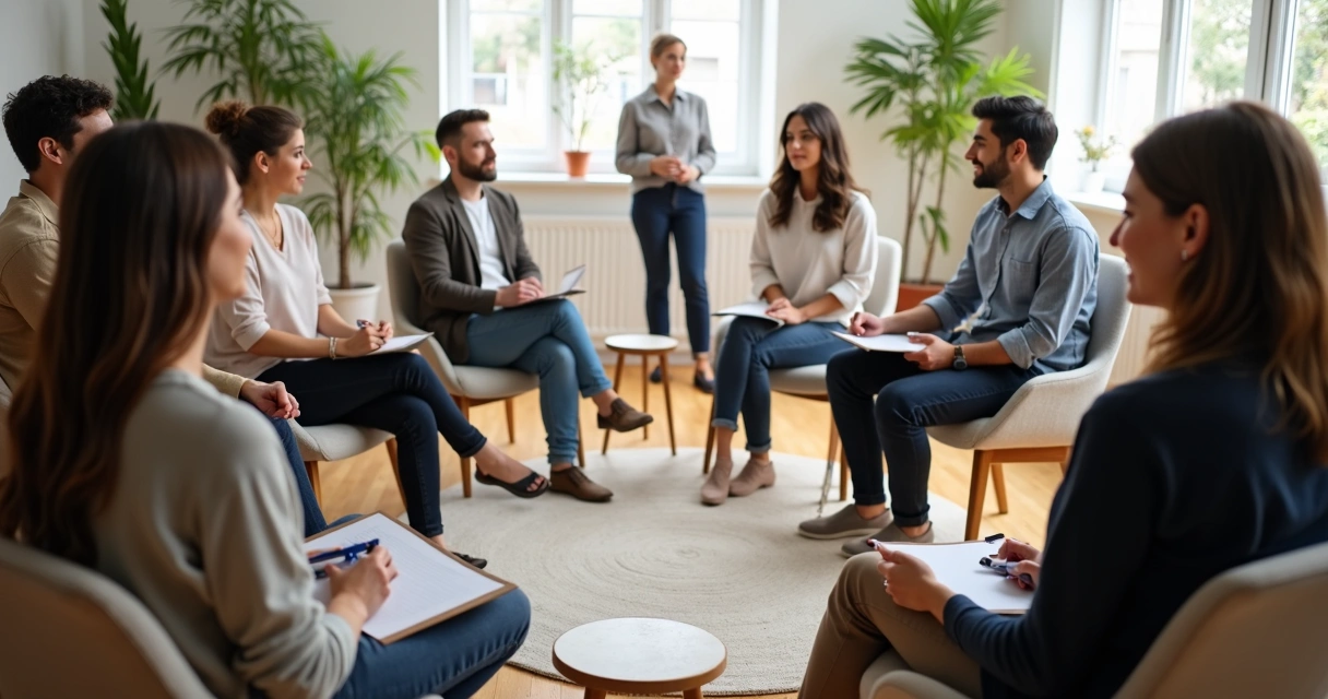 Grupo de pessoas praticando escuta ativa em duplas 