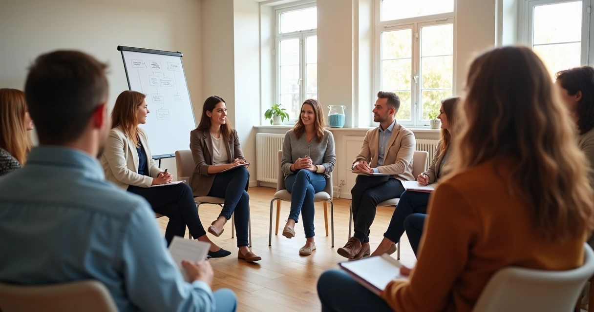 Grupo em círculo praticando escuta ativa em ambiente de reunião acolhedor 