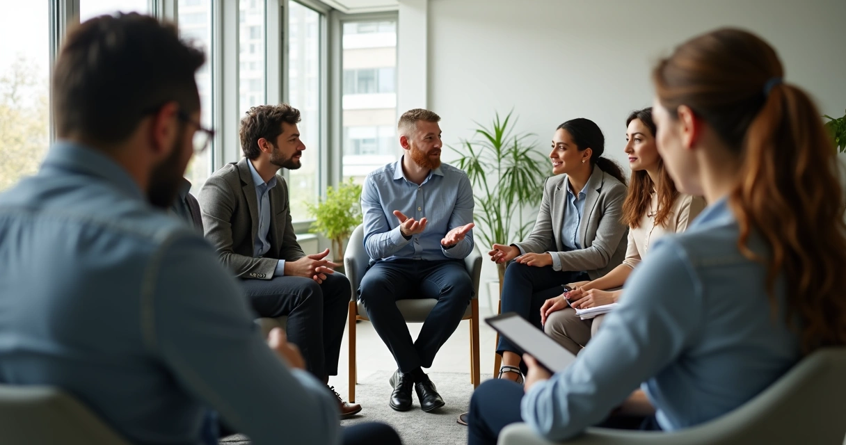 Grupo de colaboradores em roda participando de escuta ativa no escritório 