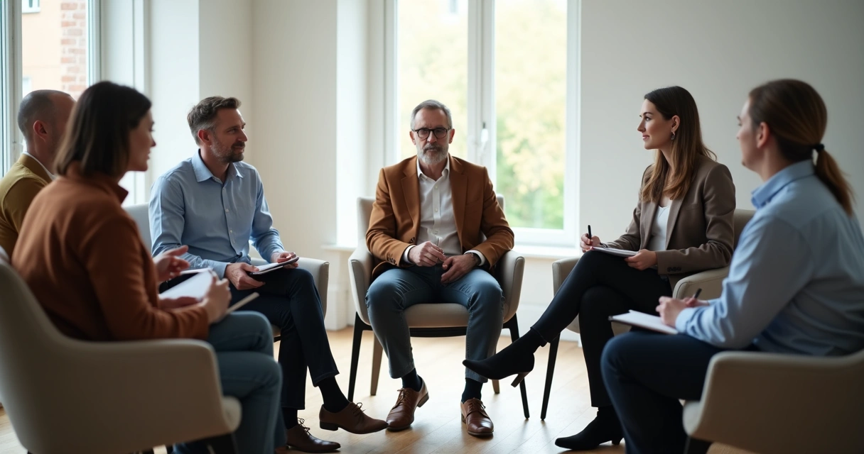 Grupo sentado em círculo praticando escuta ativa em uma sala iluminada 