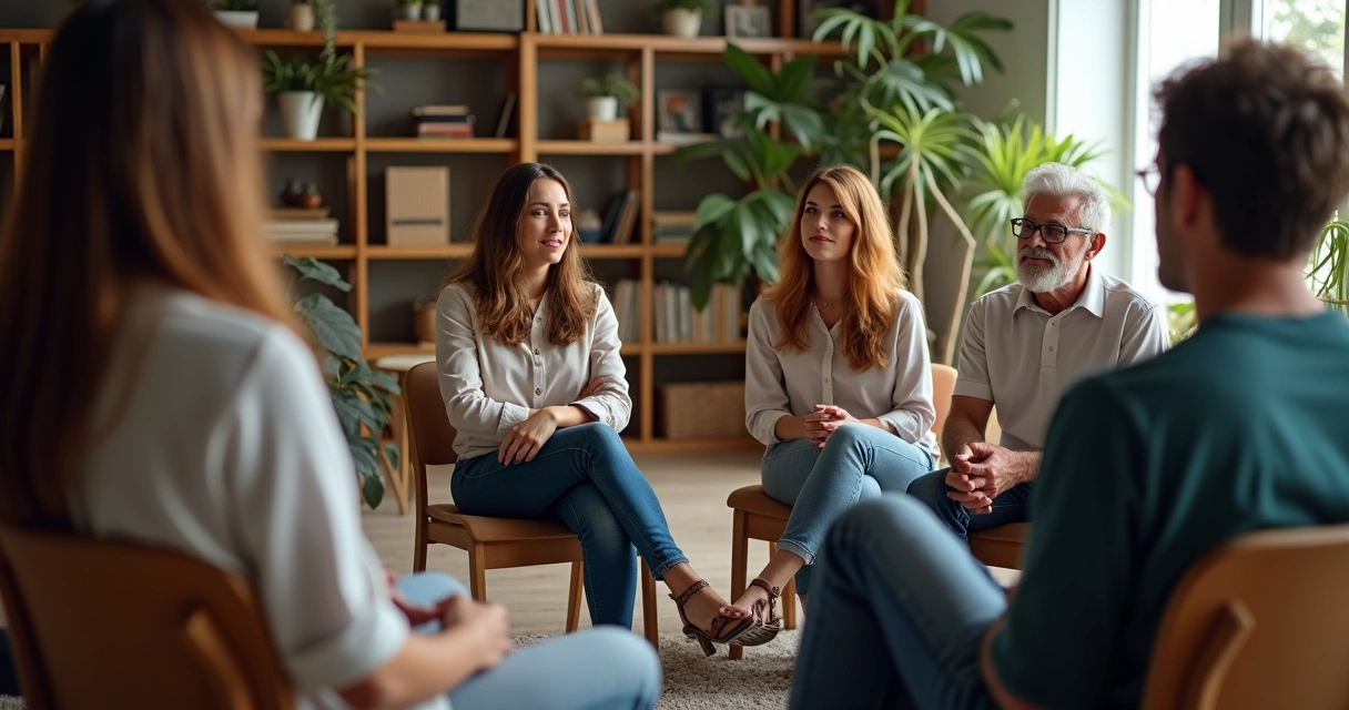 Pessoas sentadas em círculo ouvindo atentamente 