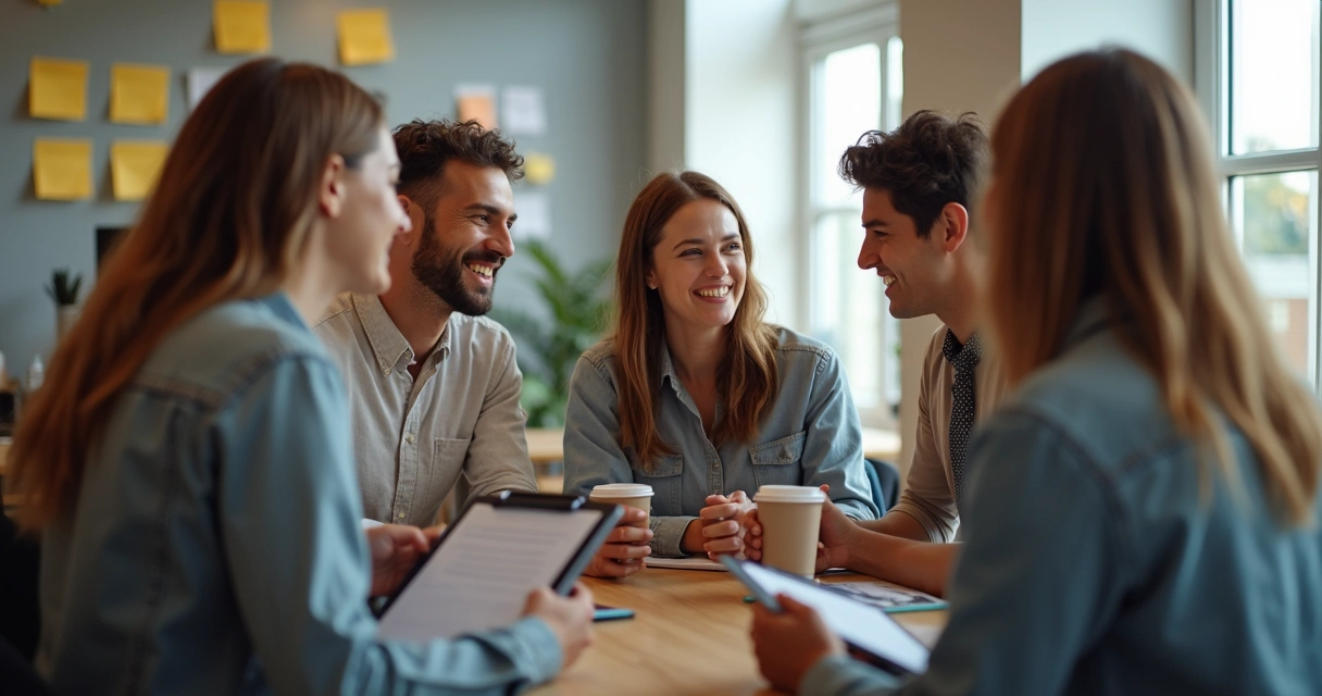 Colaboradores em roda de conversa trocando feedbacks no escritório 