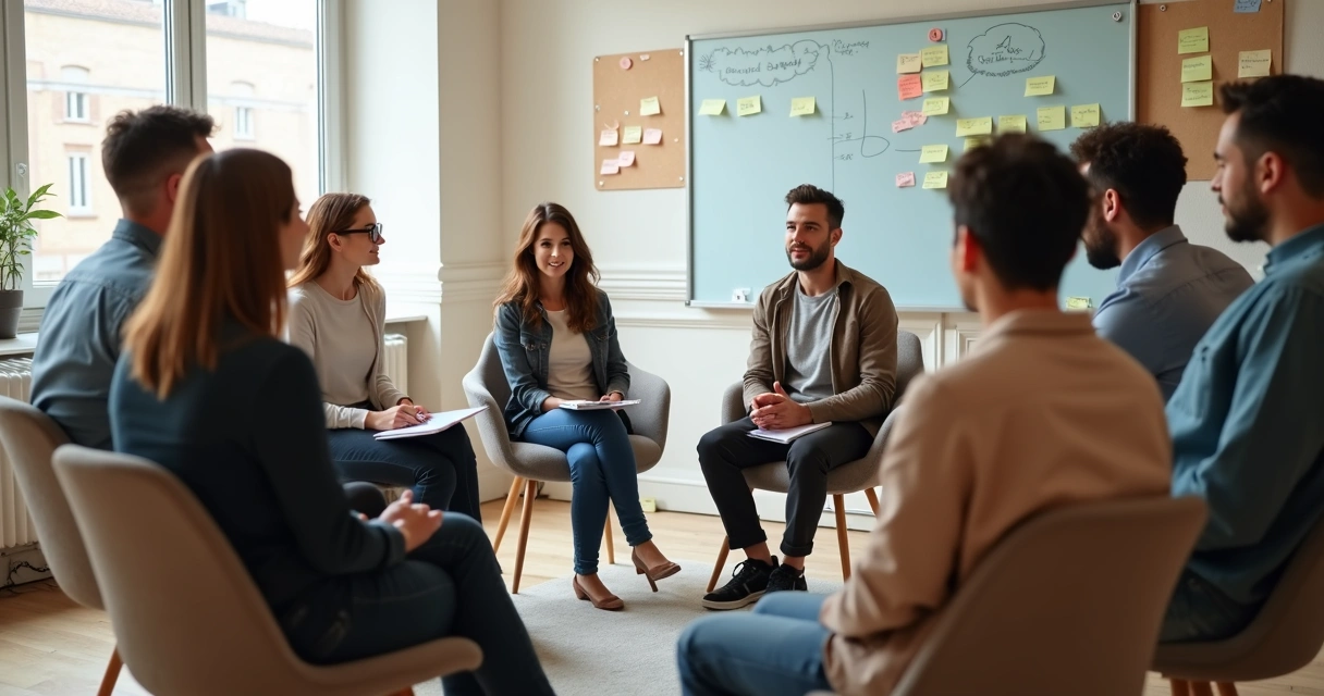 Grupo reunido em conversa tranquila com anotações 