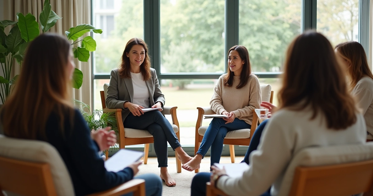 Grupo em roda praticando escuta mútua em ambiente acolhedor