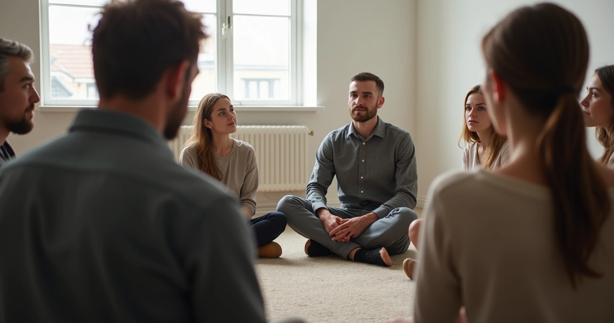 Grupo pequeno de pessoas sentadas em círculo, ouvindo atentamente uma pessoa falando 