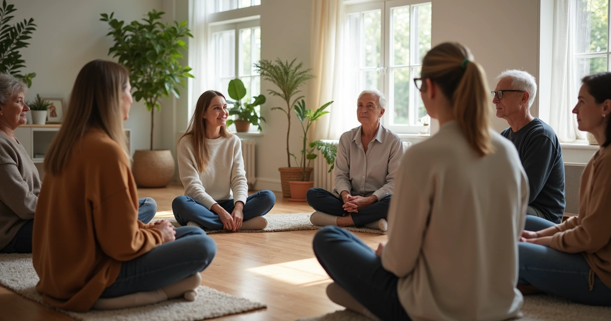 Pequeno grupo em roda de conversa em ambiente calmo e acolhedor