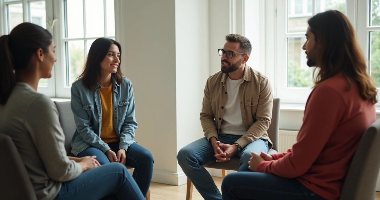 Quatro pessoas em uma roda, ouvindo atentamente uma quinta pessoa falando 