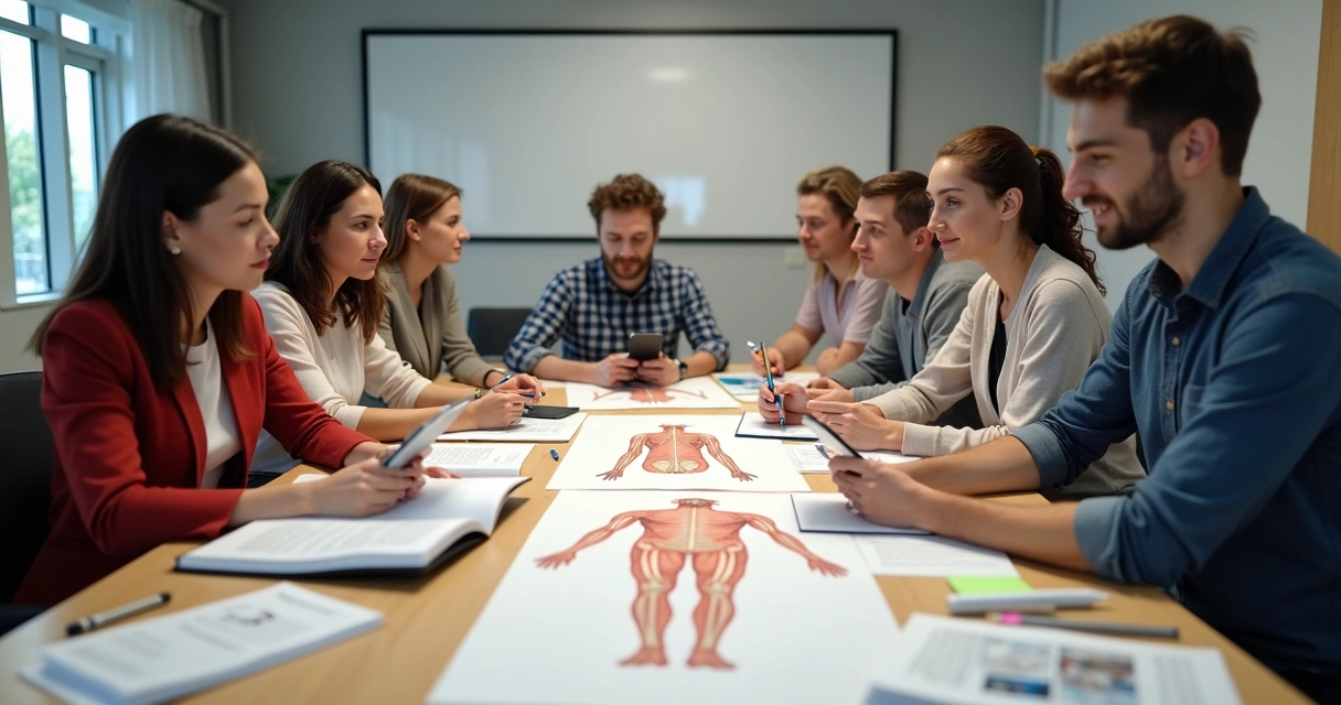 Grupo de estudantes revisando acupuntura em ambiente de estudo 