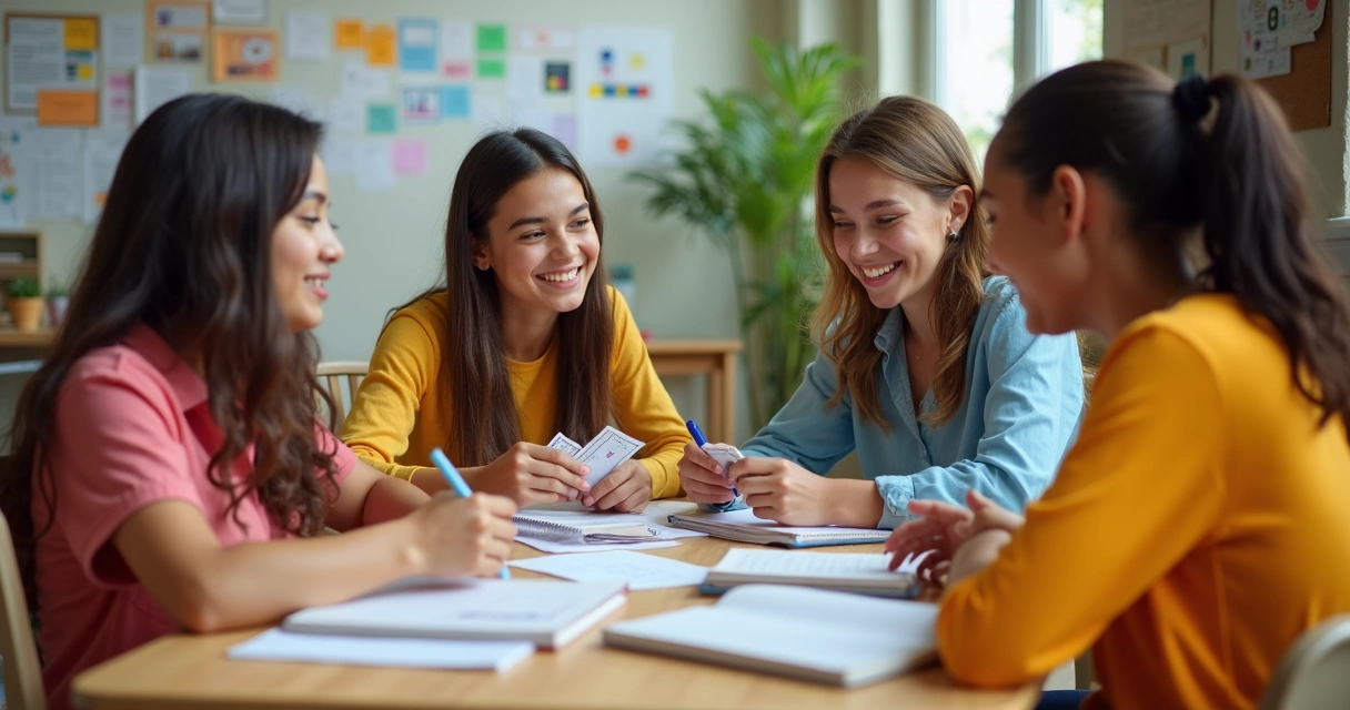 Grupo de jovens estudando juntos usando flashcards 