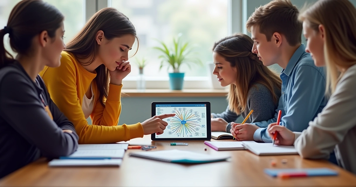 Grupo de estudantes em volta de uma mesa, analisando um mapa mental digital em um tablet. 