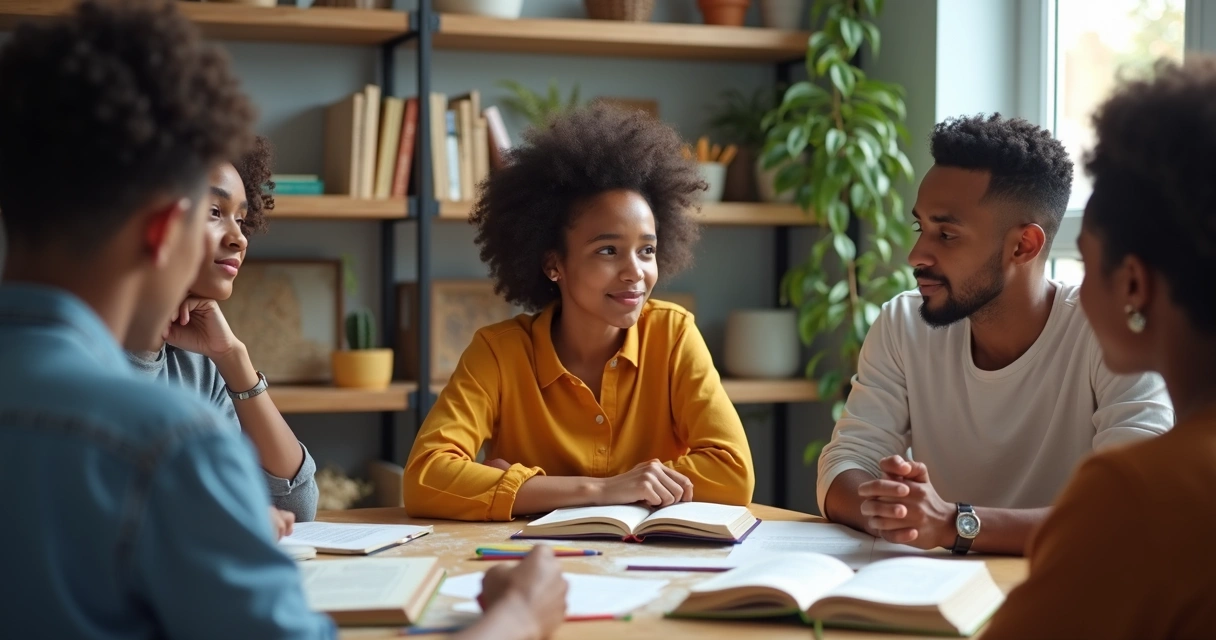 Estudantes reunidos em círculo apoiando colega durante estudo