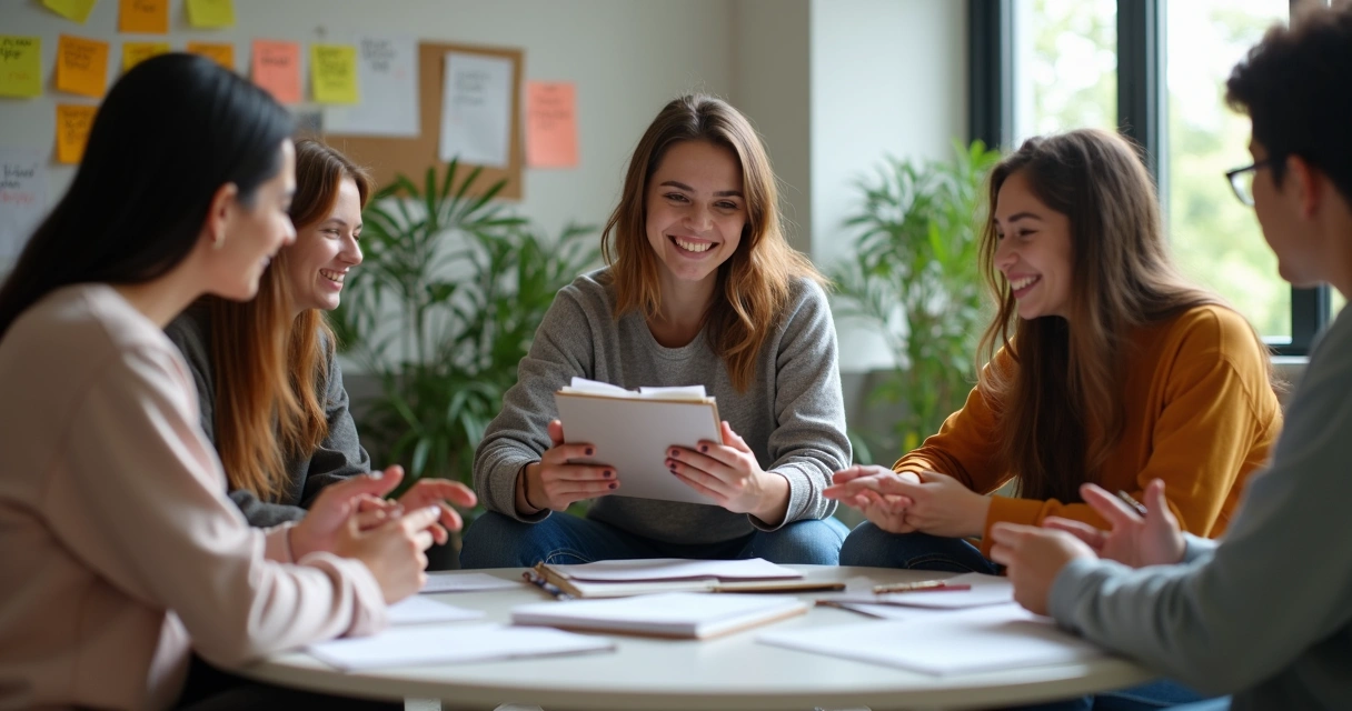 Grupo de estudantes trocando palavras e apoio durante estudo 