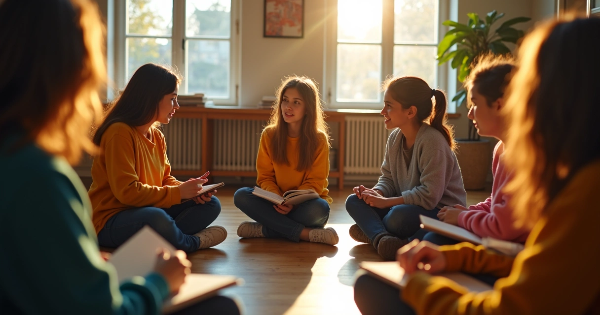 Grupo de estudantes conversando em círculo, apoiando um colega 