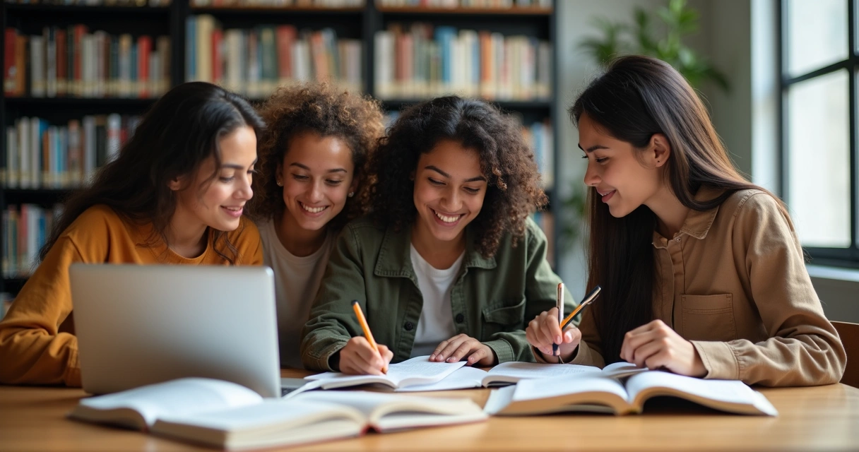 Grupo de estudantes estudando juntos em uma biblioteca