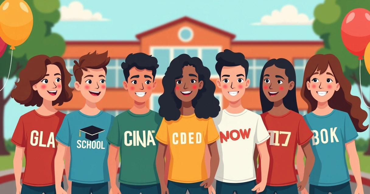 Grupo de estudantes sorrindo com camisetas de formatura no pátio da escola 