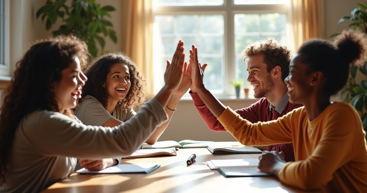 Grupo de estudantes celebrando juntos