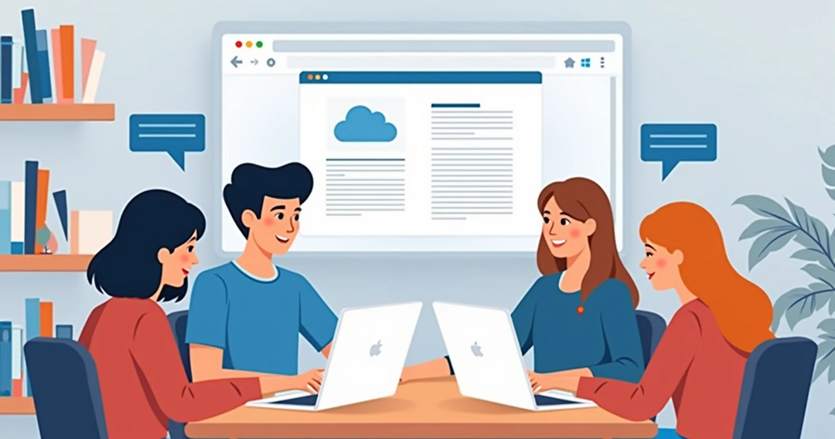 Grupo de estudantes editando arquivo online 