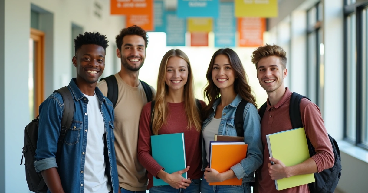 Grupo de estudantes sorrindo e confiantes juntos com cadernos