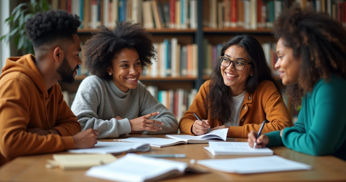 Grupo de estudantes discutindo tema de redação