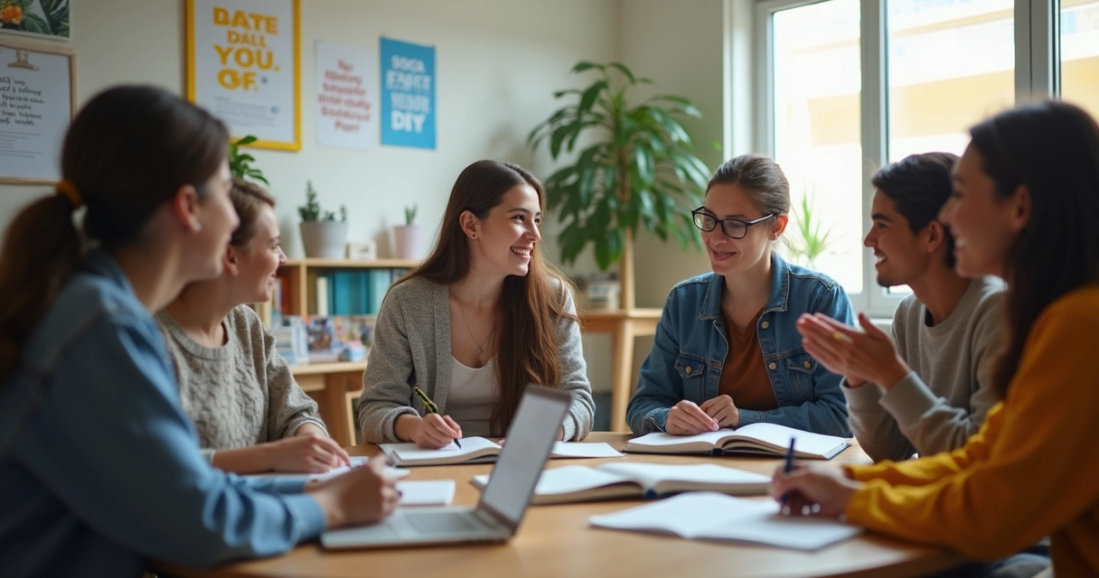Grupo de estudantes discutindo em círculo numa sala de estudos, com livros e laptops em volta 