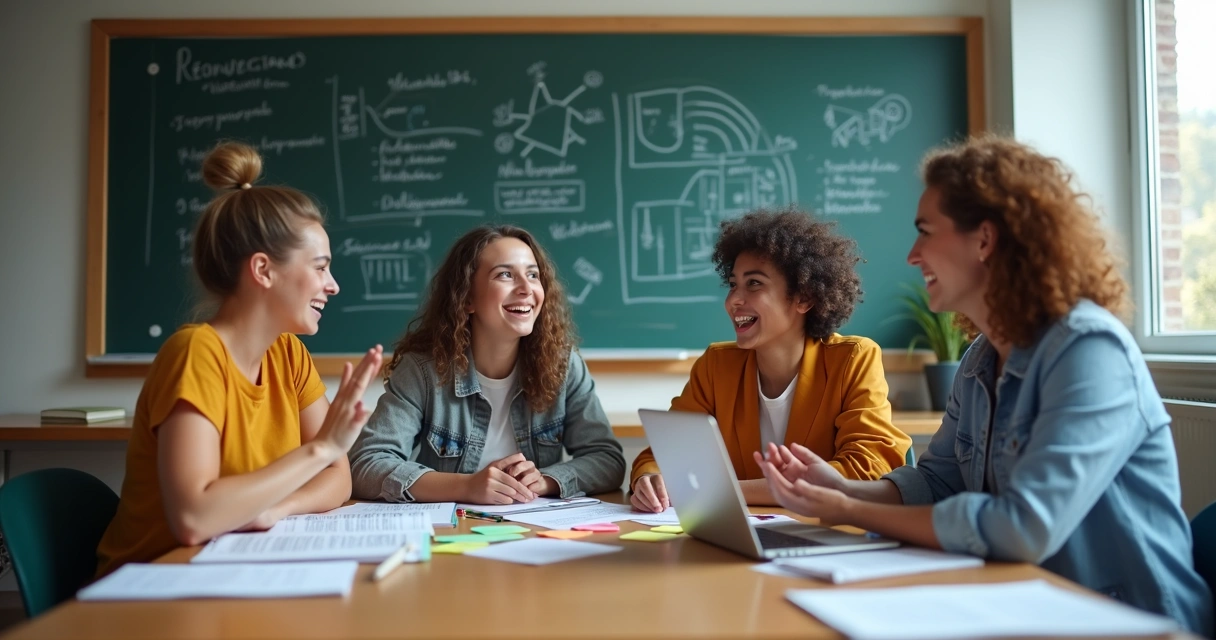 Grupo de estudantes debatendo em sala com livros e lousa ao fundo