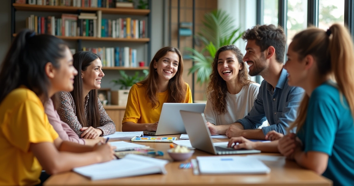 Grupo de estudantes de diferentes idades reunidos ao redor de mesa com livros 