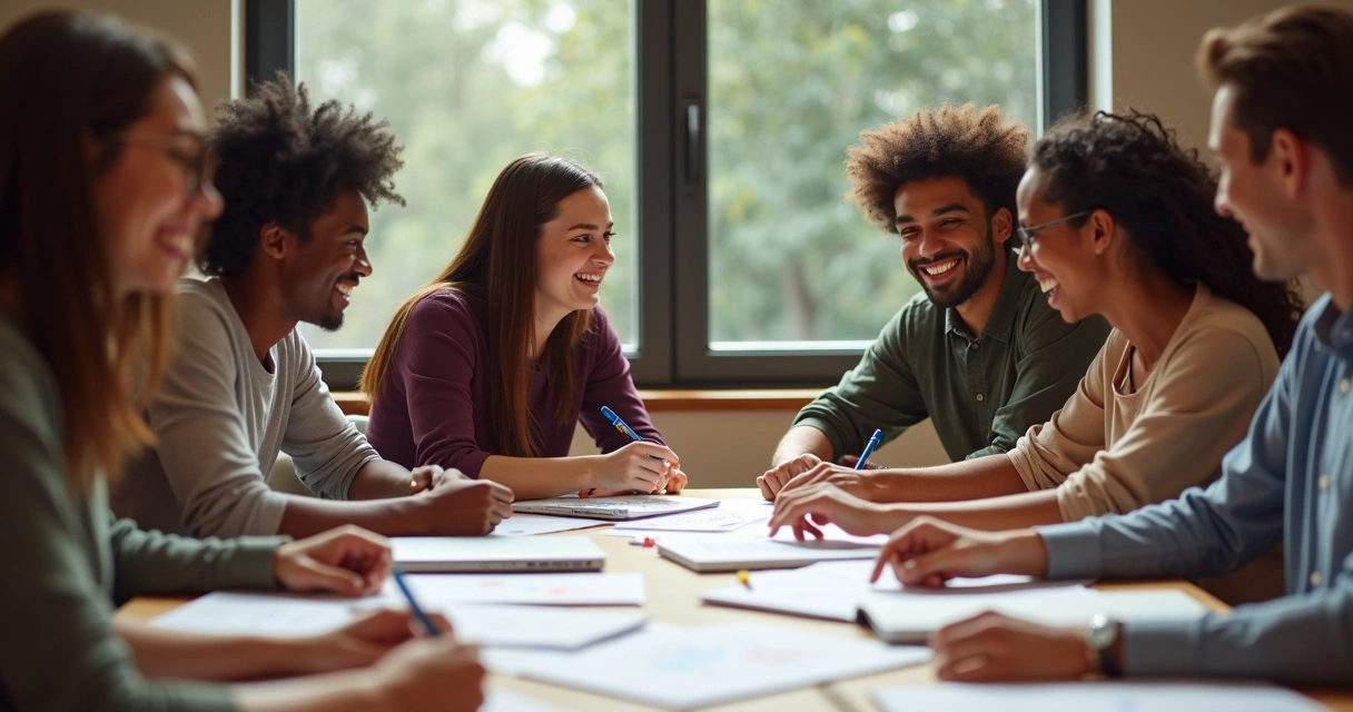 Grupo de estudantes sentados ao redor de uma mesa compartilhando materiais de estudo