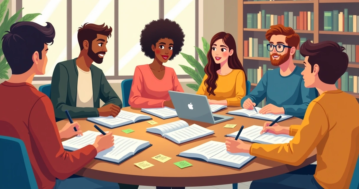 Grupo de estudantes discutindo técnicas de estudo em mesa compartilhada