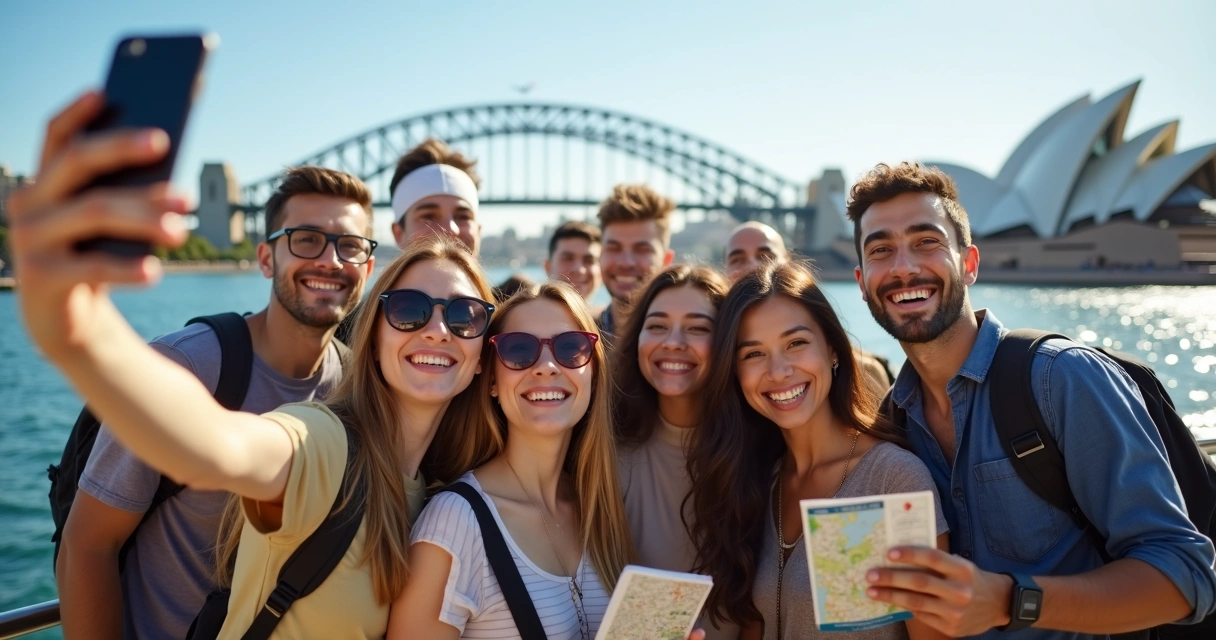 Estudantes internacionais sorrindo e tirando selfies próximos à Opera House em Sydney 