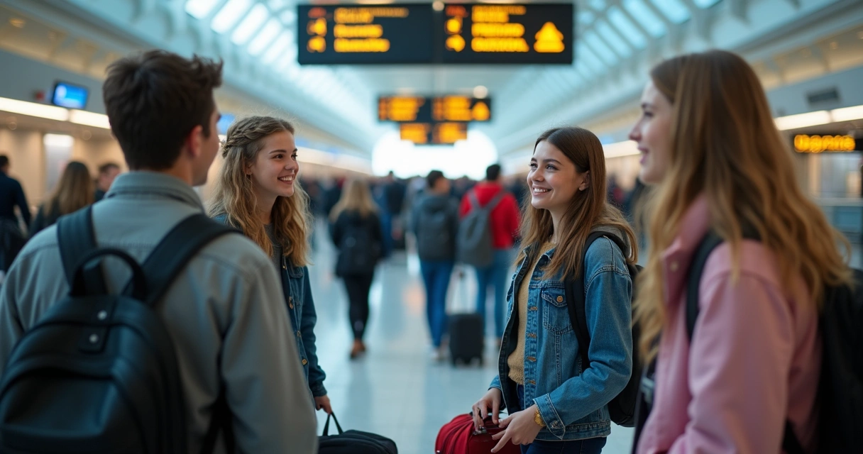 Grupo de estudantes reunidos em aeroporto antes do embarque