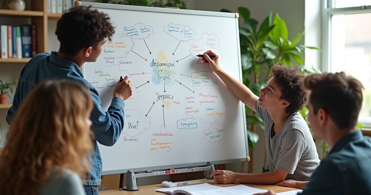 Grupo de estudantes montando mapa de conceitos em um quadro