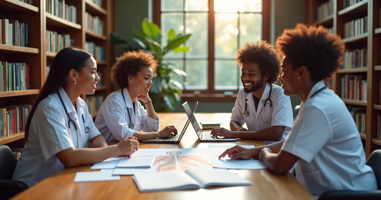 Grupo de estudantes de medicina revisando matéria juntos na biblioteca.