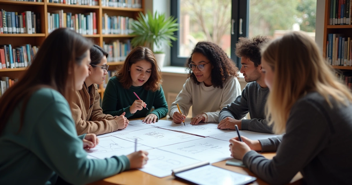 Grupo de estudantes discutindo solução de problema acadêmico