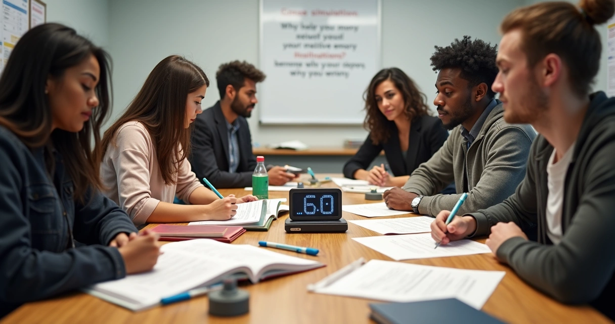 Grupo de estudantes resolvendo simulados juntos em uma sala de estudo 