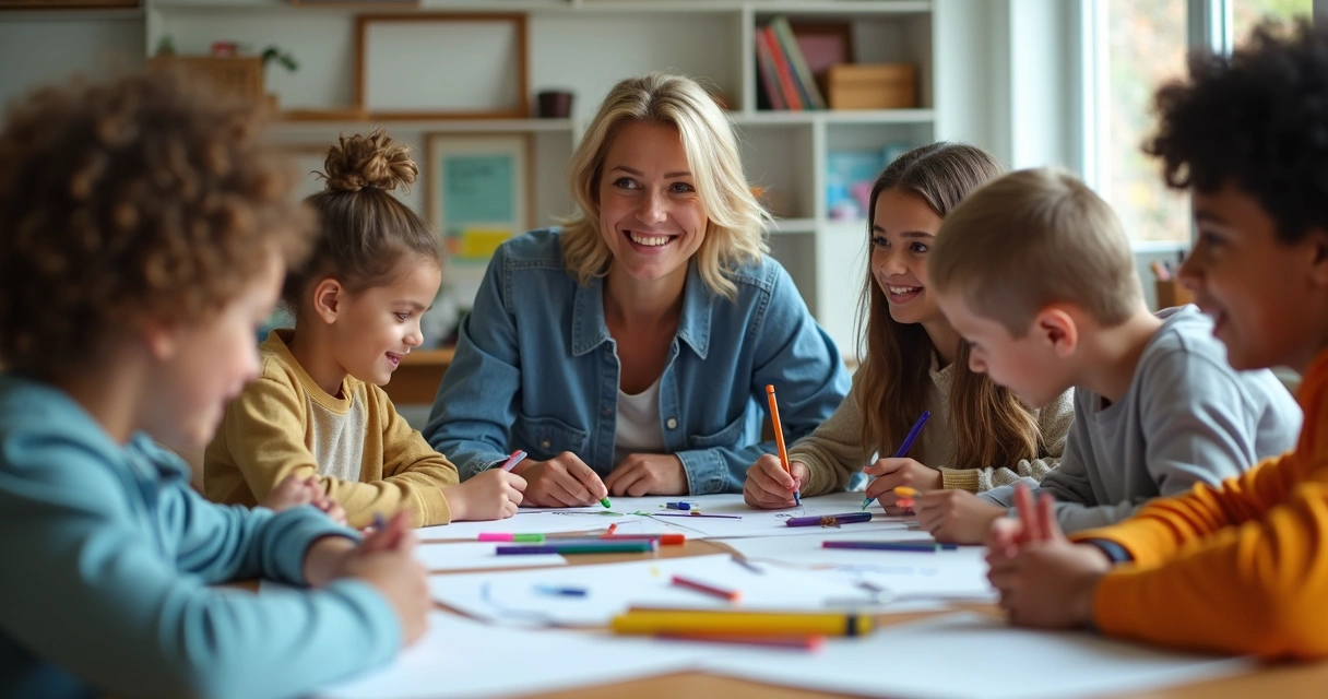 Estudiantes colaborando en una clase con materiales educativos en la mesa.