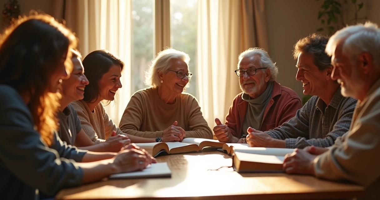 Grupo de pessoas de diferentes idades estudando a Bíblia juntos sorrindo