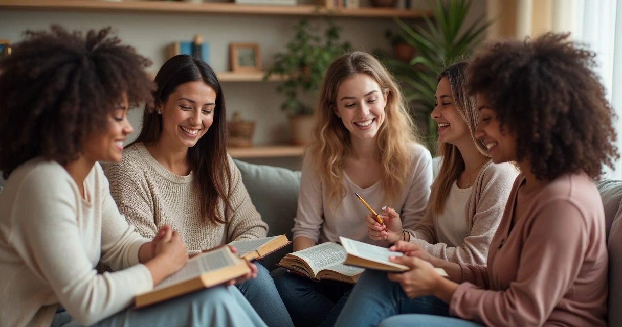Grupo feminino estudando a Bíblia em roda e anotando