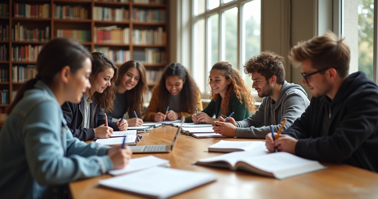 Grupo estudando junto em biblioteca