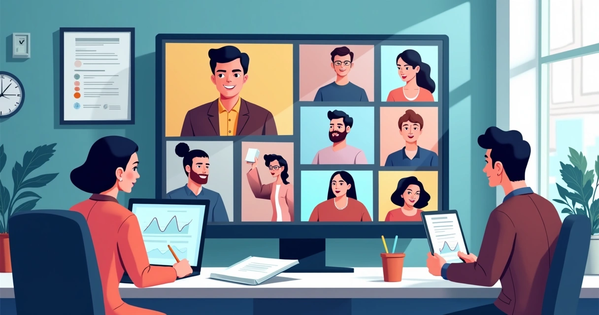 Profissionais de BPO financeiro em estudo em grupo online 