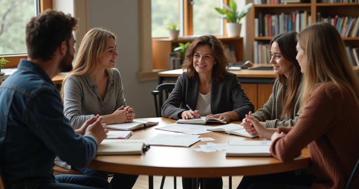 Grupo em roda de conversa com livros e anotações sobre a mesa