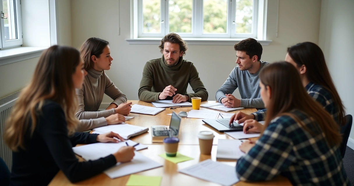 Grupo em mesa de estudo com diálogo respeitoso