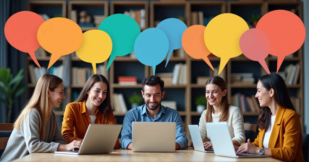 Grupo virtual praticando idioma em fórum de aplicativo 