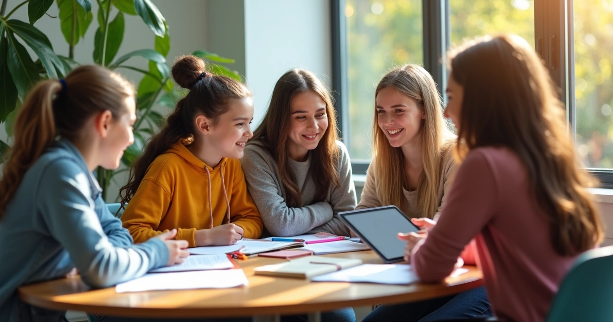 Grupo de jovens estudando juntos e revisando com alegria