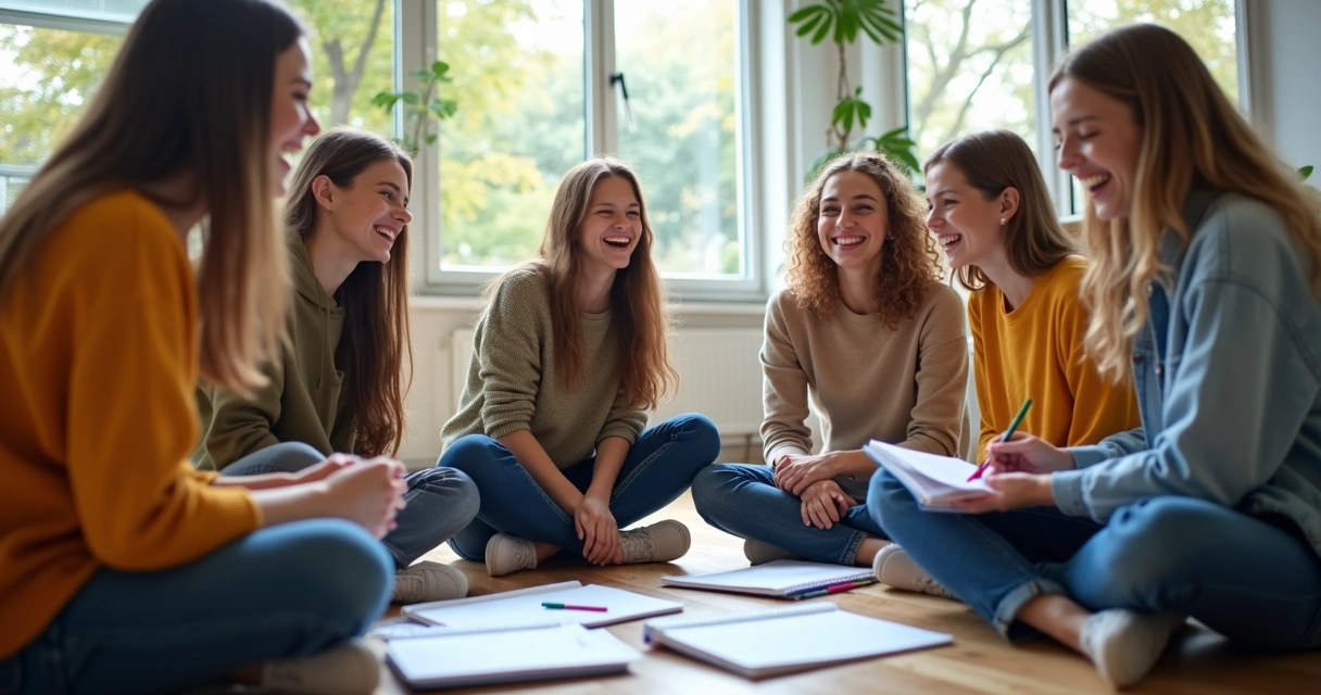 Jovens sentados em roda trocando ideias com cadernos abertos.