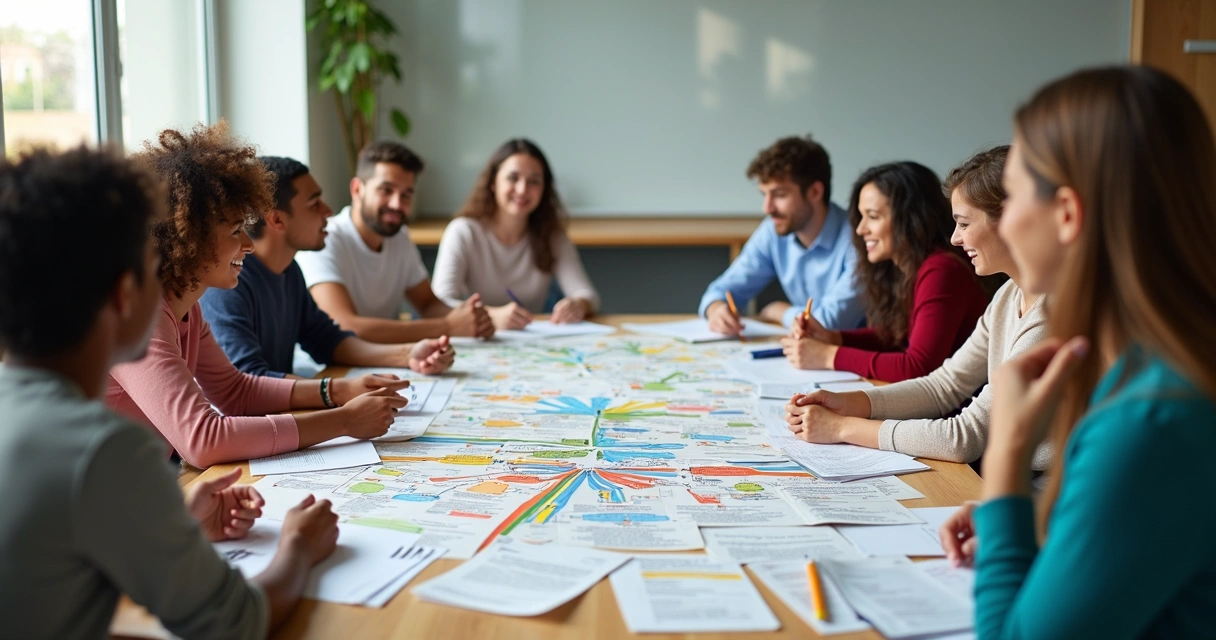 Grupo de estudantes analisa mapas mentais coloridos