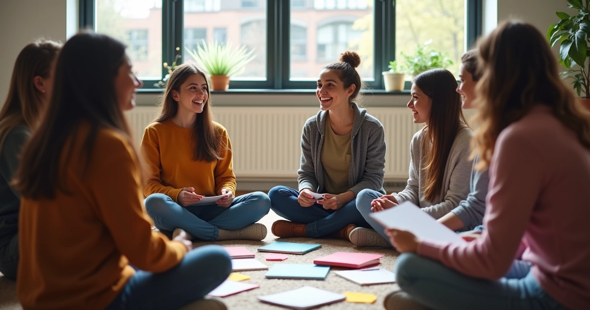 Grupo de jovens reunidos em roda conversando sobre estudos e sonhos 