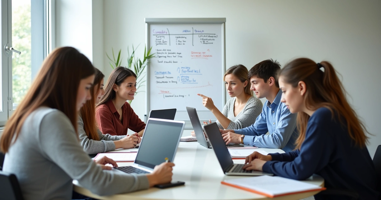 Grupo de estudantes com laptops organizando reunião virtual para estudo em mesa redonda 