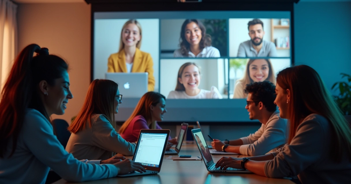 Grupo de estudantes estudando online em telas divididas 