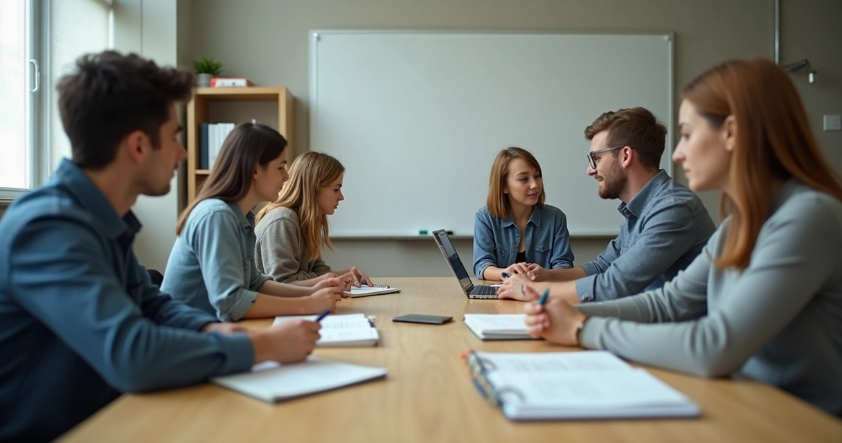 Grupo de estudantes em mesa com clima tenso e divisões sutis 